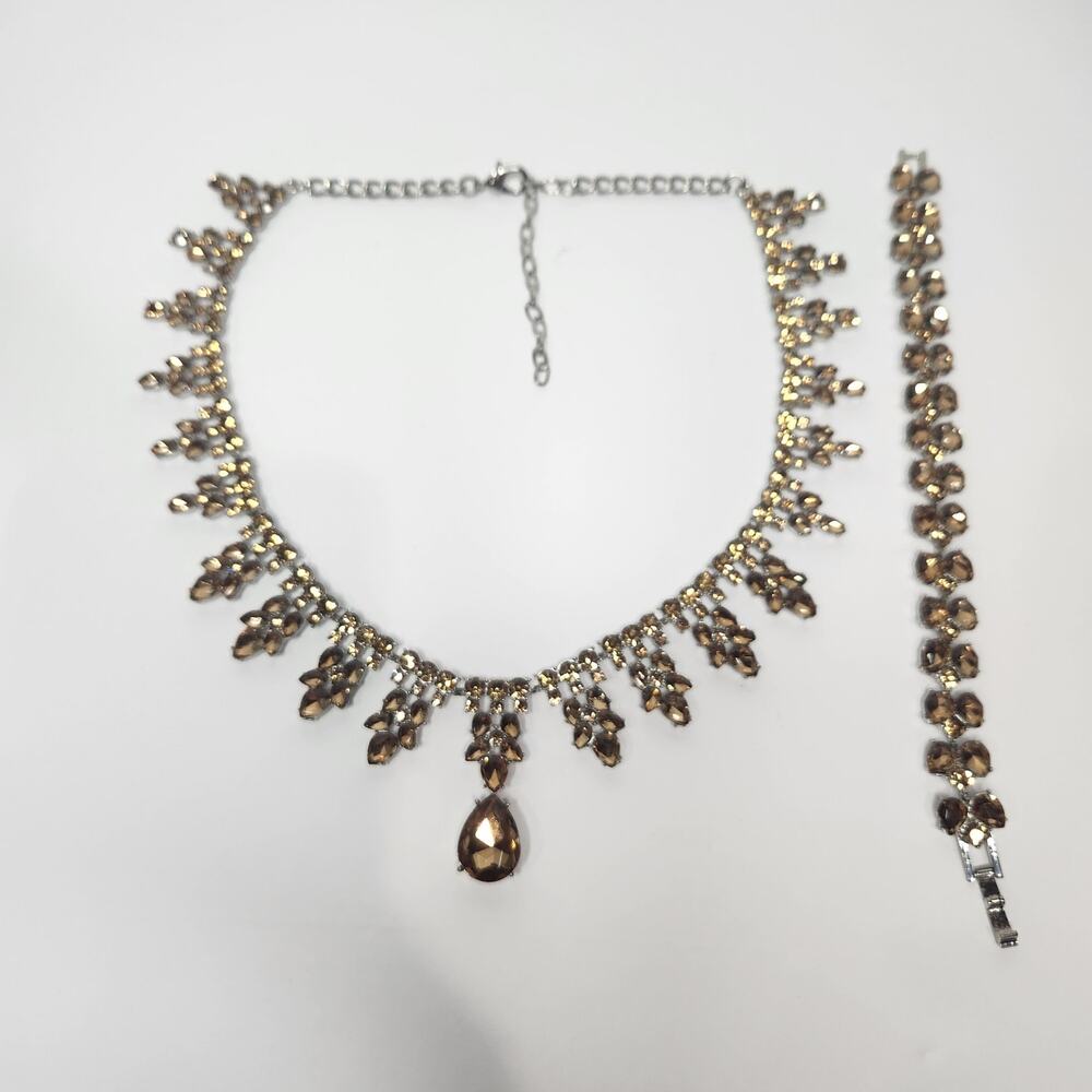 Vintage Champagne Rhinestone Statement Necklace & Bracelet Set Formal